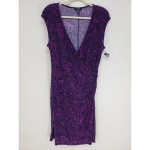 Chaps Paisley Faux Wrap Sheath Dress Womens XL Purple Ruched V-Neck Stretch